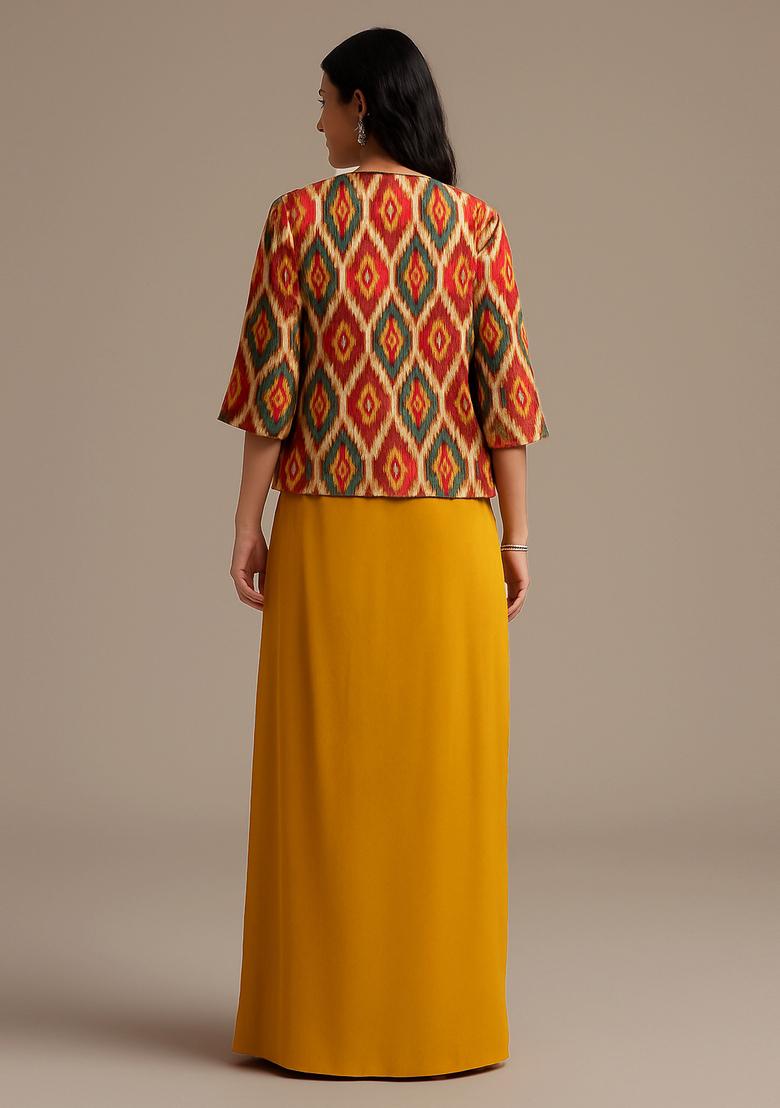 Yellow Printed Jacket Georgette Fusion Set - Indya