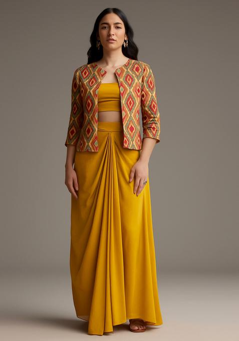 Yellow Printed Jacket Georgette Fusion Set