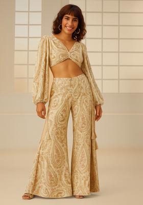 Beige Embroidered Cotton Fusion Set