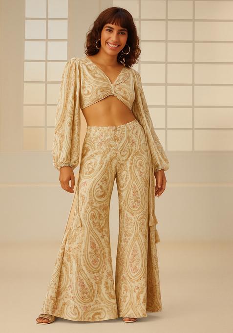 Beige Embroidered Cotton Fusion Set