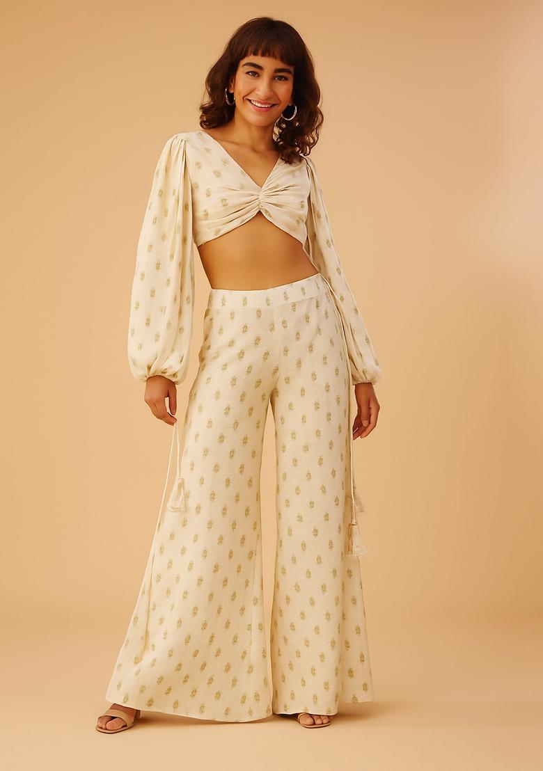 Cream Embroidered Raw Silk Fusion Set - Indya
