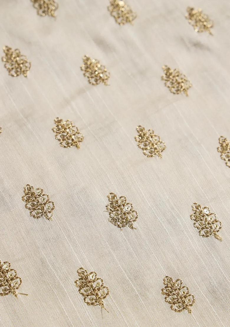 Cream Embroidered Raw Silk Fusion Set - Indya