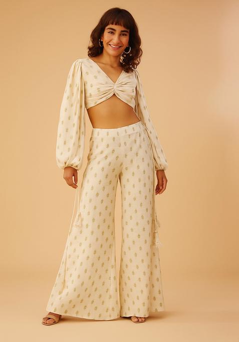 Cream Embroidered Raw Silk Fusion Set