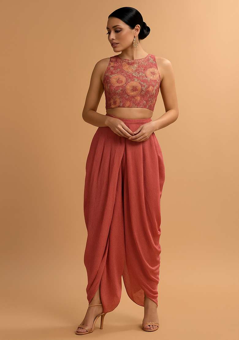 Peach Printed Georgette Fusion Set - Indya