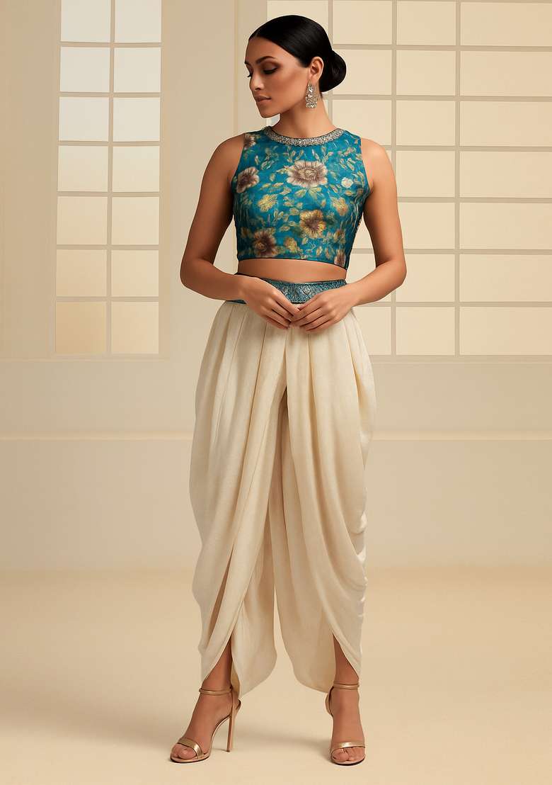 Sea Blue Embroidered Organza Fusion Set - Indya