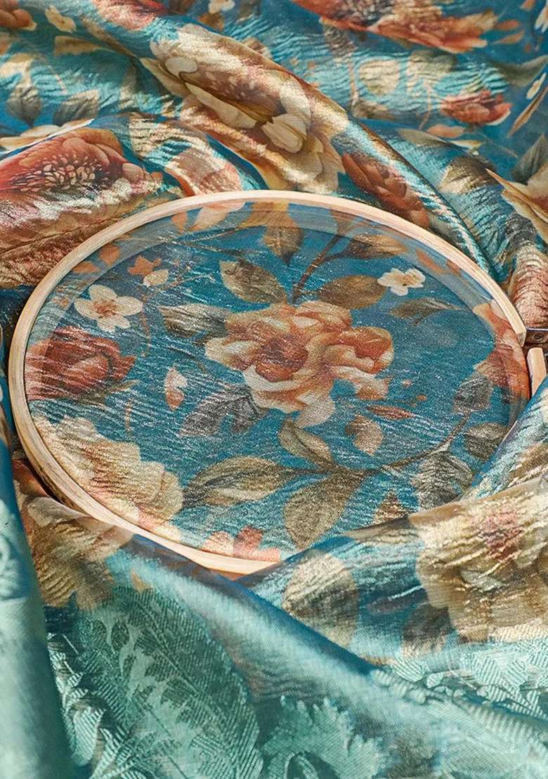 Sea Blue Embroidered Organza Fusion Set - Indya