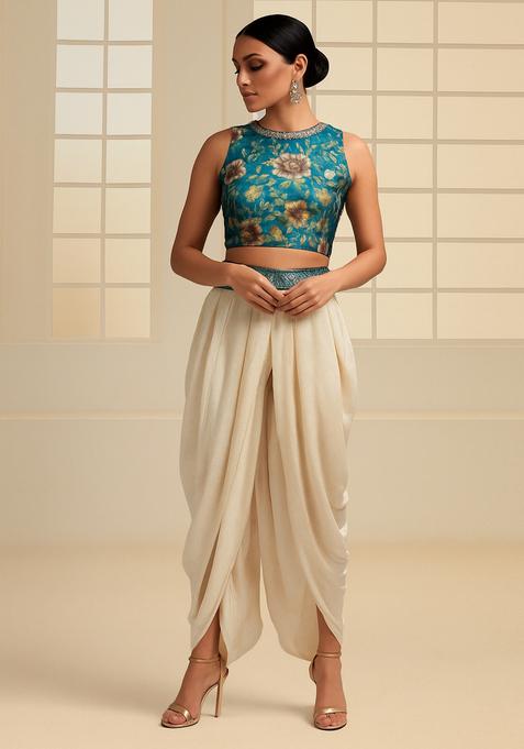 Sea Blue Embroidered Organza Fusion Set