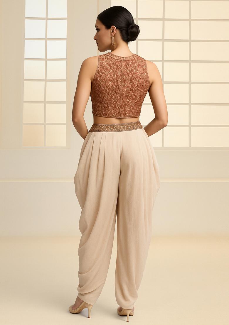 Brown Printed Organza Fusion Set - Indya