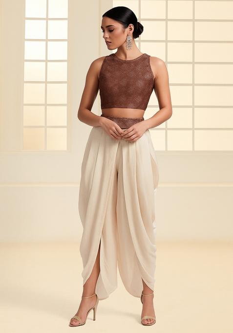 Brown Embroidered Organza Fusion Set