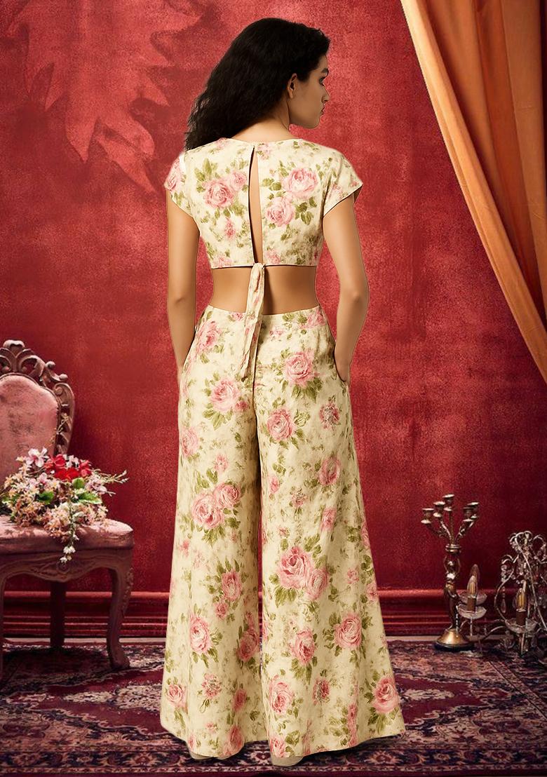 Off White Printed Silk Co-Ord Set - Indya