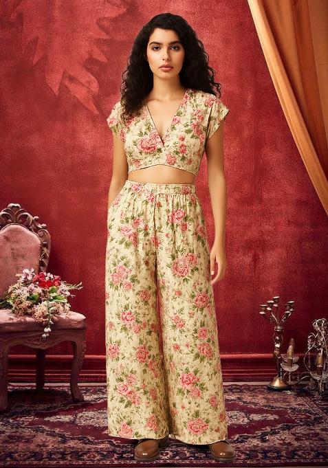 Off White Printed Silk Co-Ord Set