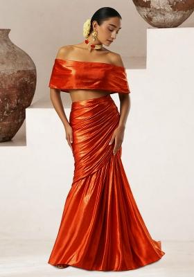 Red Solid Satin Georgette Fusion Set