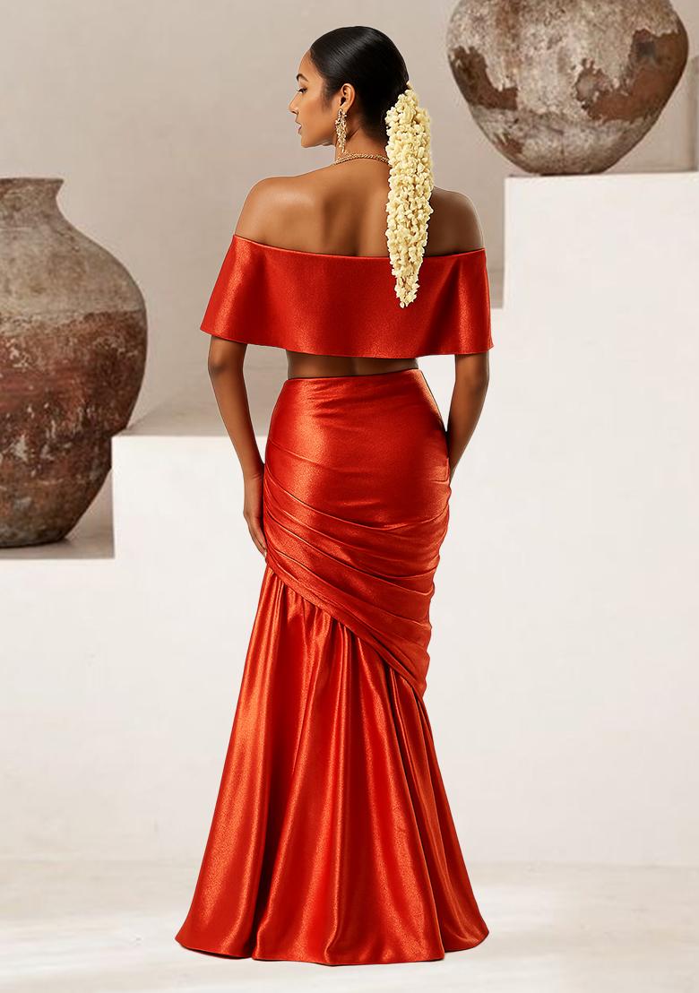 Red Solid Satin Georgette Fusion Set - Indya