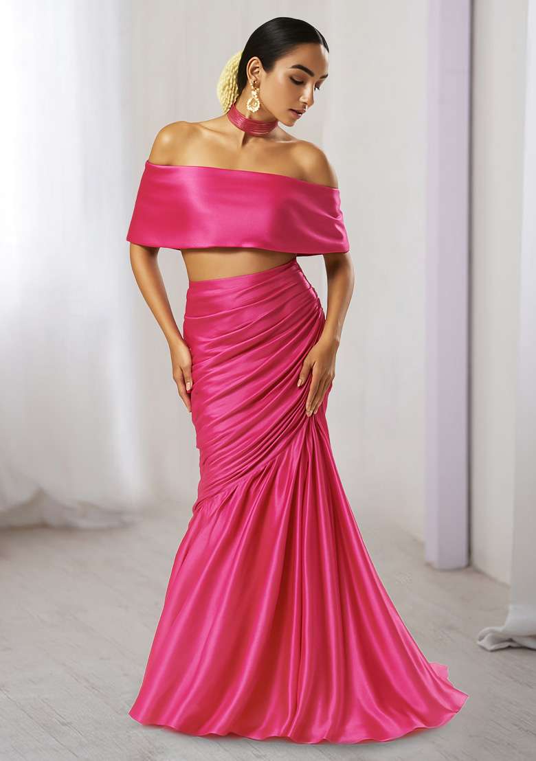 Pink Solid Satin Georgette Fusion Set - Indya