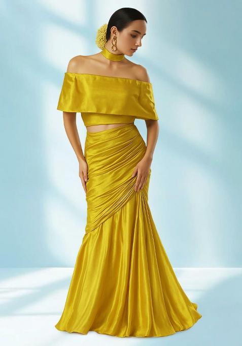 Yellow Solid Satin Georgette Fusion Set