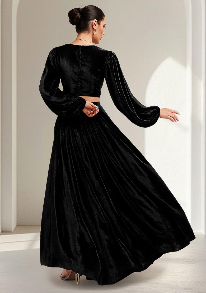 Black Solid Chiffon Crop Top Skirt Set