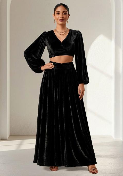 Black Solid Chiffon Crop Top Skirt Set