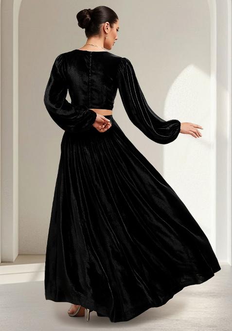 Black Solid Chiffon Crop Top Skirt Set