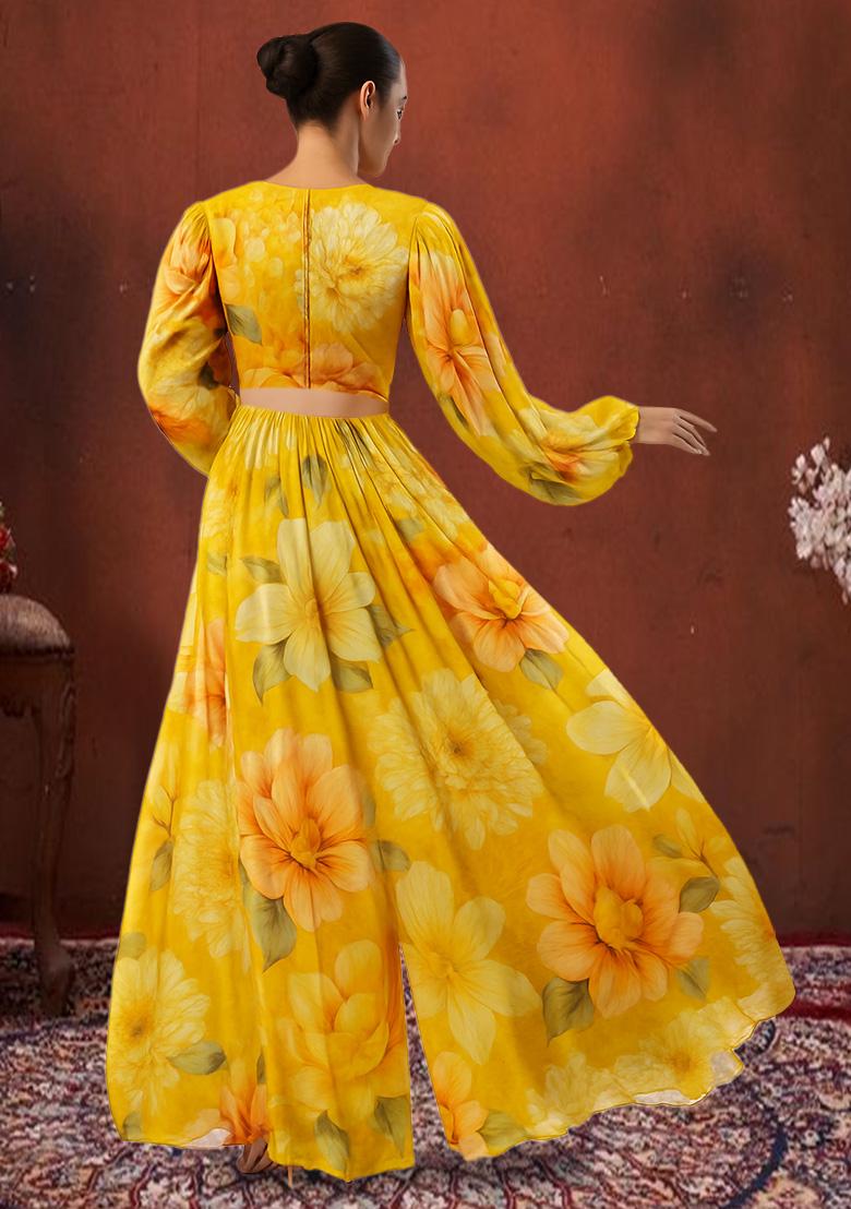 Yellow Printed Chiffon Crop Top Skirt Set - Indya