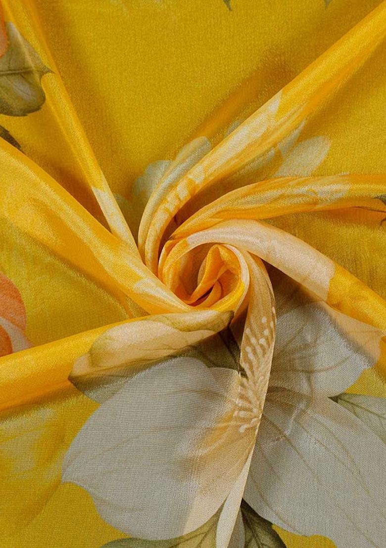 Yellow Printed Chiffon Crop Top Skirt Set