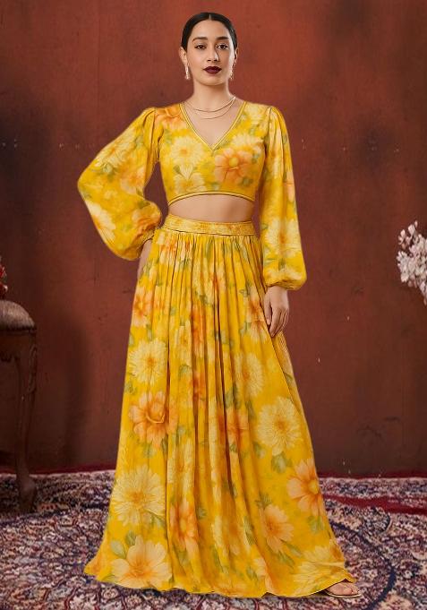 Yellow Printed Chiffon Crop Top Skirt Set