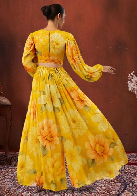 Yellow Printed Chiffon Crop Top Skirt Set