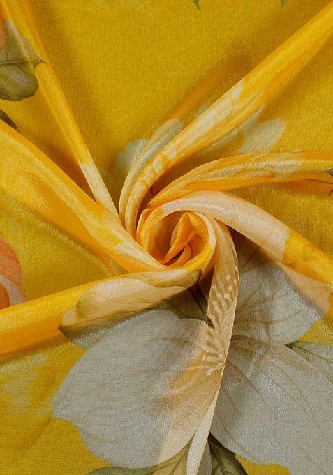 Yellow Printed Chiffon Crop Top Skirt Set