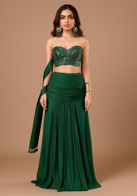 Green Sequin Blouse Georgette Lehenga Set