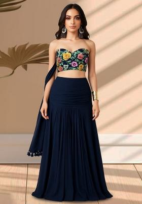 Blue Printed Blouse Crepe Lehenga Set
