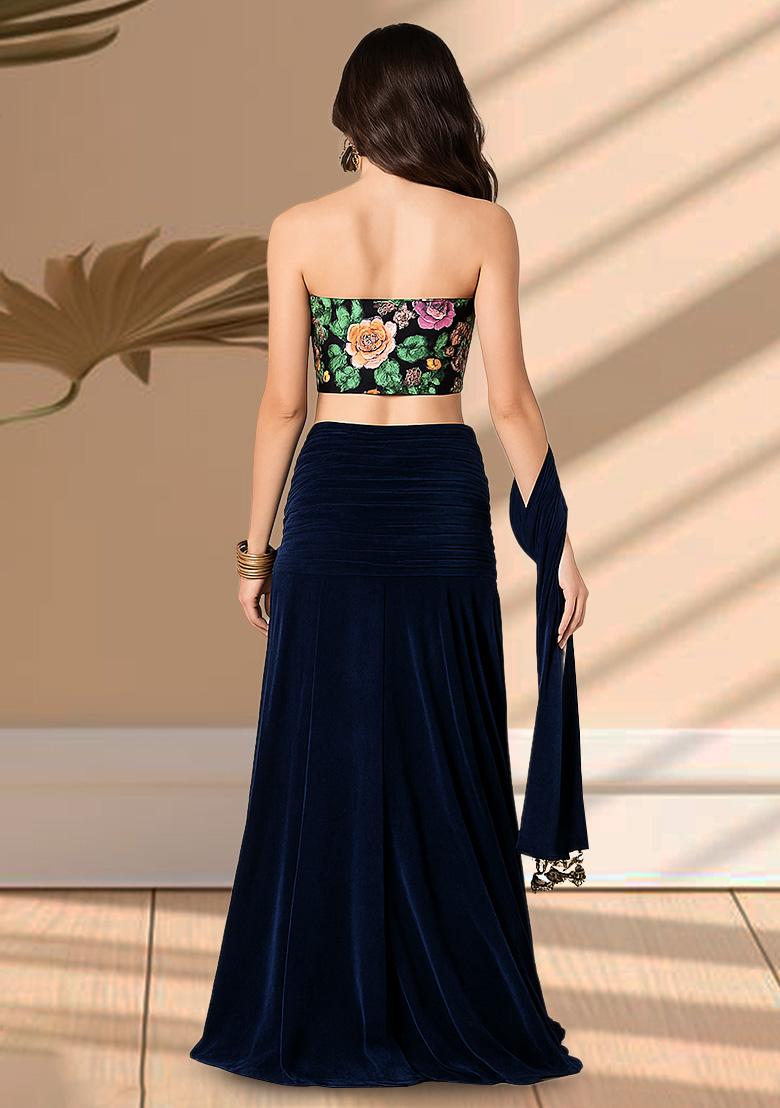 Blue Printed Blouse Crepe Lehenga Set - Indya