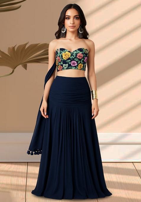 Blue Printed Blouse Crepe Lehenga Set