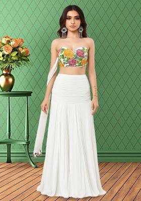 White Printed Blouse Crepe Lehenga Set
