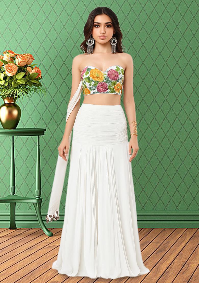White Printed Blouse Crepe Lehenga Set