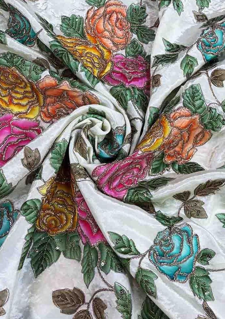 White Printed Blouse Crepe Lehenga Set