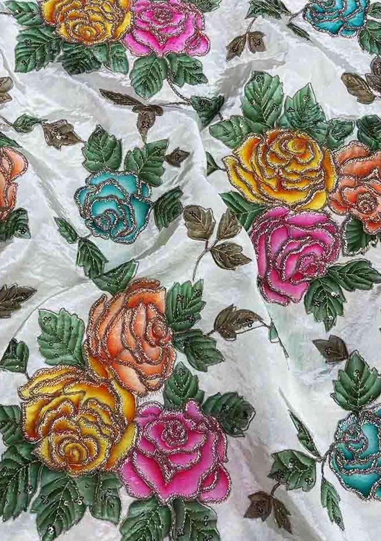 White Printed Blouse Crepe Lehenga Set - Indya