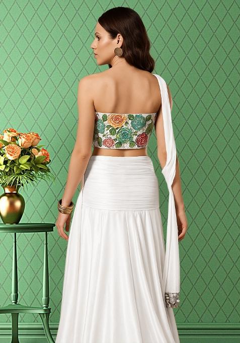 White Printed Blouse Crepe Lehenga Set