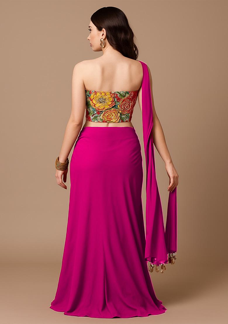 Pink Printed Blouse Crepe Lehenga Set - Indya