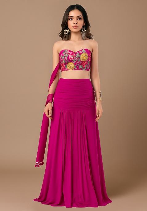 Pink Printed Blouse Crepe Lehenga Set