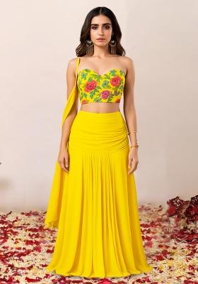 Lemon Yellow Printed Blouse Crepe Lehenga Set