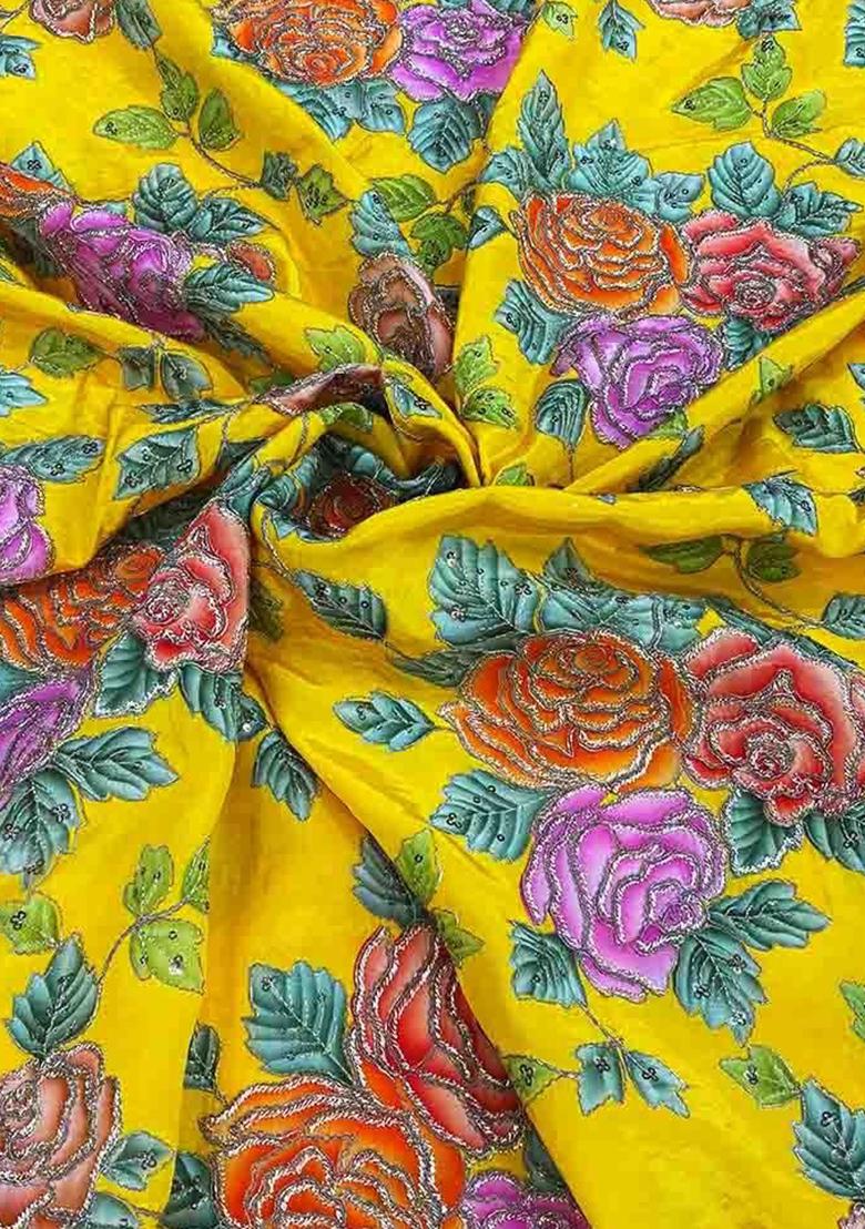 Lemon Yellow Printed Blouse Crepe Lehenga Set