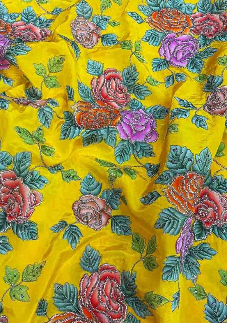 Lemon Yellow Printed Blouse Crepe Lehenga Set - Indya