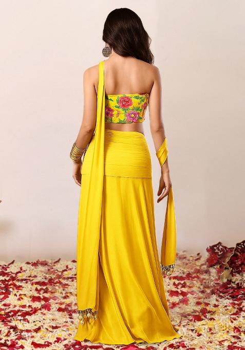Lemon Yellow Printed Blouse Crepe Lehenga Set