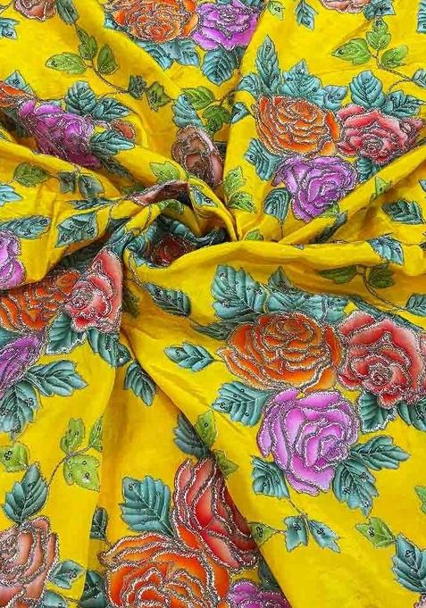 Lemon Yellow Printed Blouse Crepe Lehenga Set