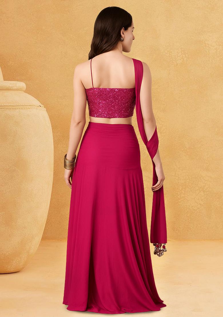 Hot Pink Sequin Blouse Georgette Lehenga Set - Indya