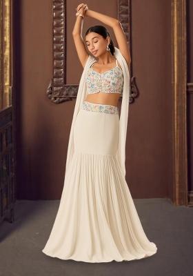 White Embroidered Blouse Georgette Lehenga Set