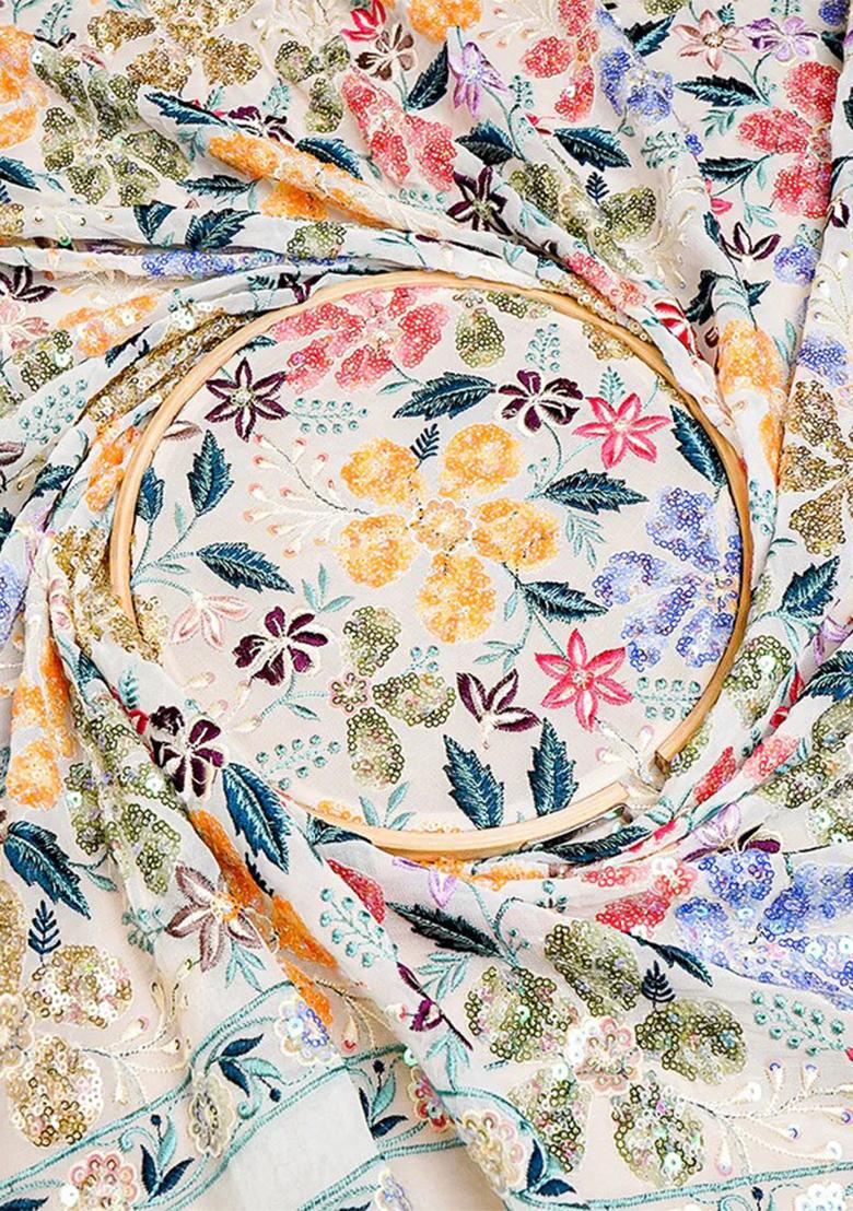 White Embroidered Blouse Georgette Lehenga Set - Indya