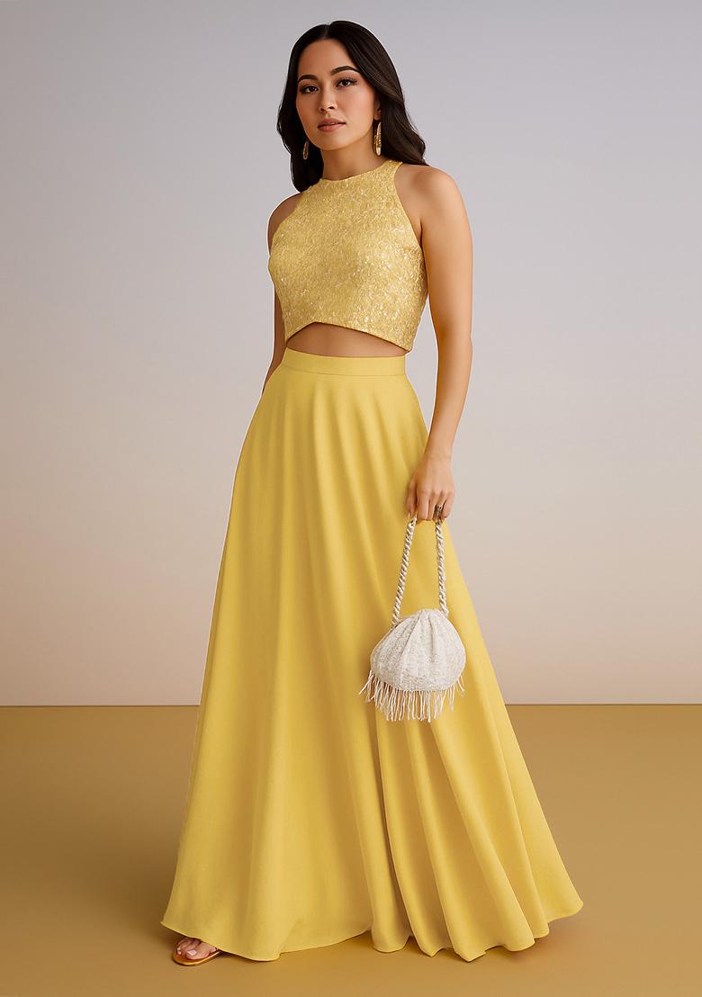 Yellow Sequin Embellished Blouse Georgette Lehenga Set