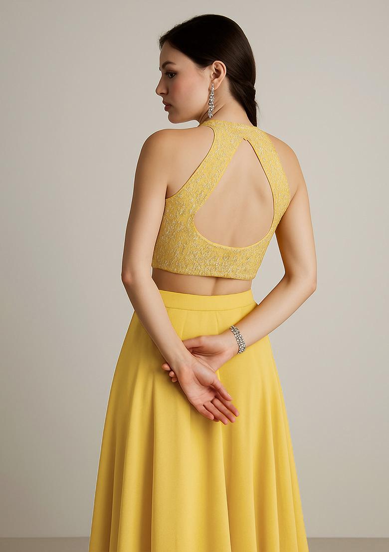 Yellow Sequin Embellished Georgette Crop Top Skirt Set - Indya