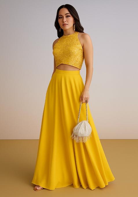 Yellow Sequin Embellished Blouse Georgette Lehenga Set