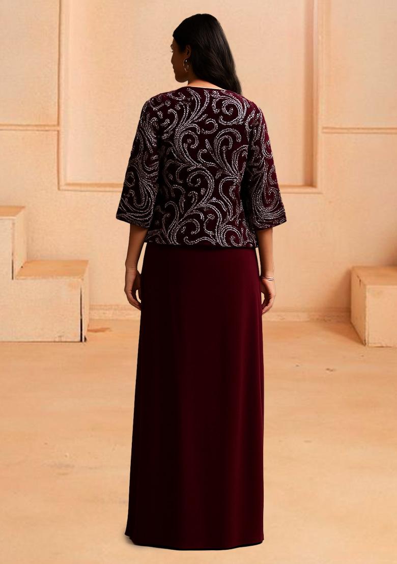 Maroon Sequin Embellished Jacket Georgette Fusion Set - Indya